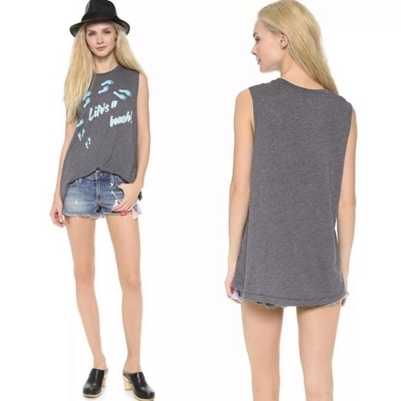 Wildfox Life is a Beach Muscle Tee Tank Grey Small T-Shirt Made in USA Bohemian - Picture 1 of 9